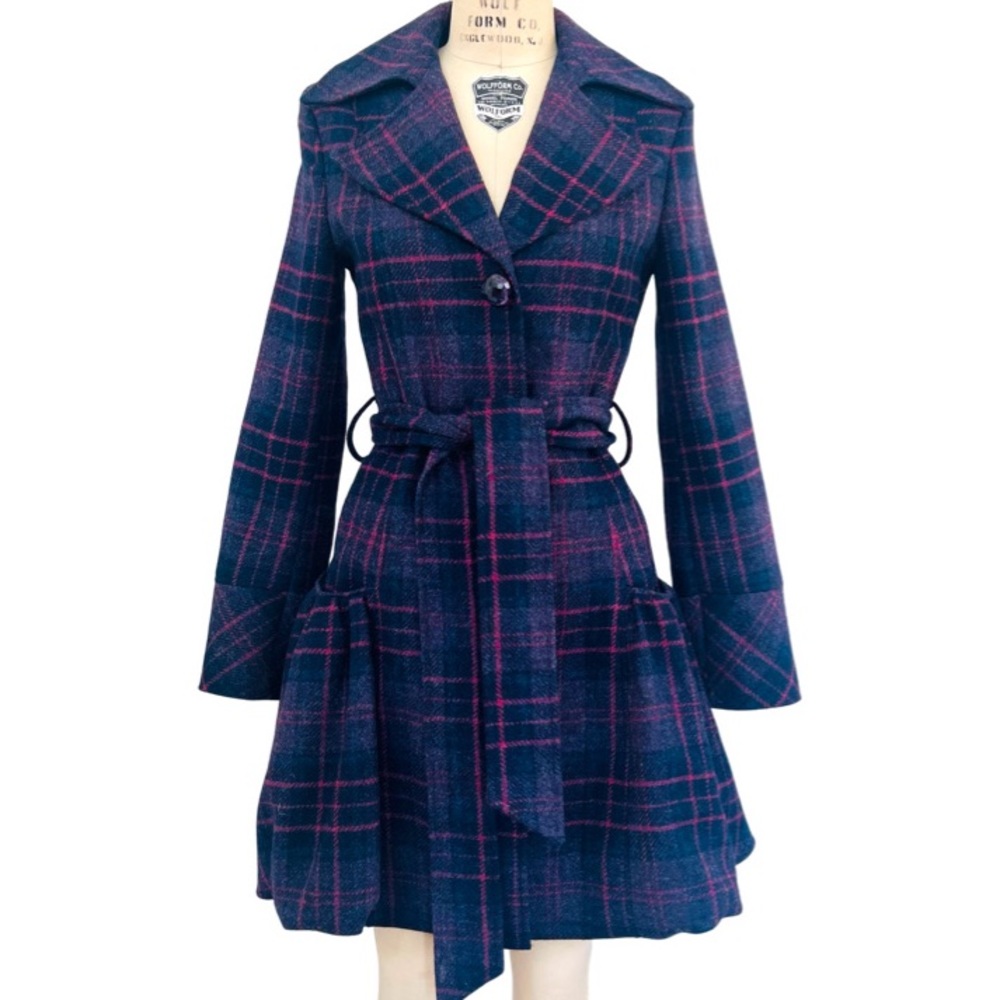 🛑SOLD BERMAN BLACK Plaid Wool Ruffle Peacoat in Navy/Purple Size S - Picture 1 of 11